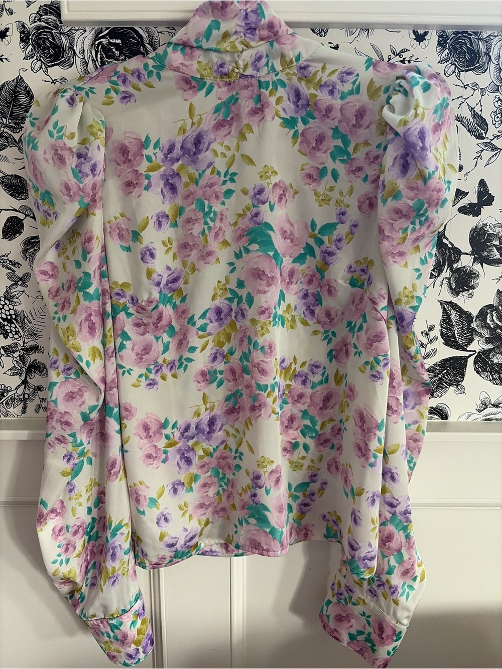SHEIN White Floral Puff-Sleeve Blouse with Purple & Teal Flowers